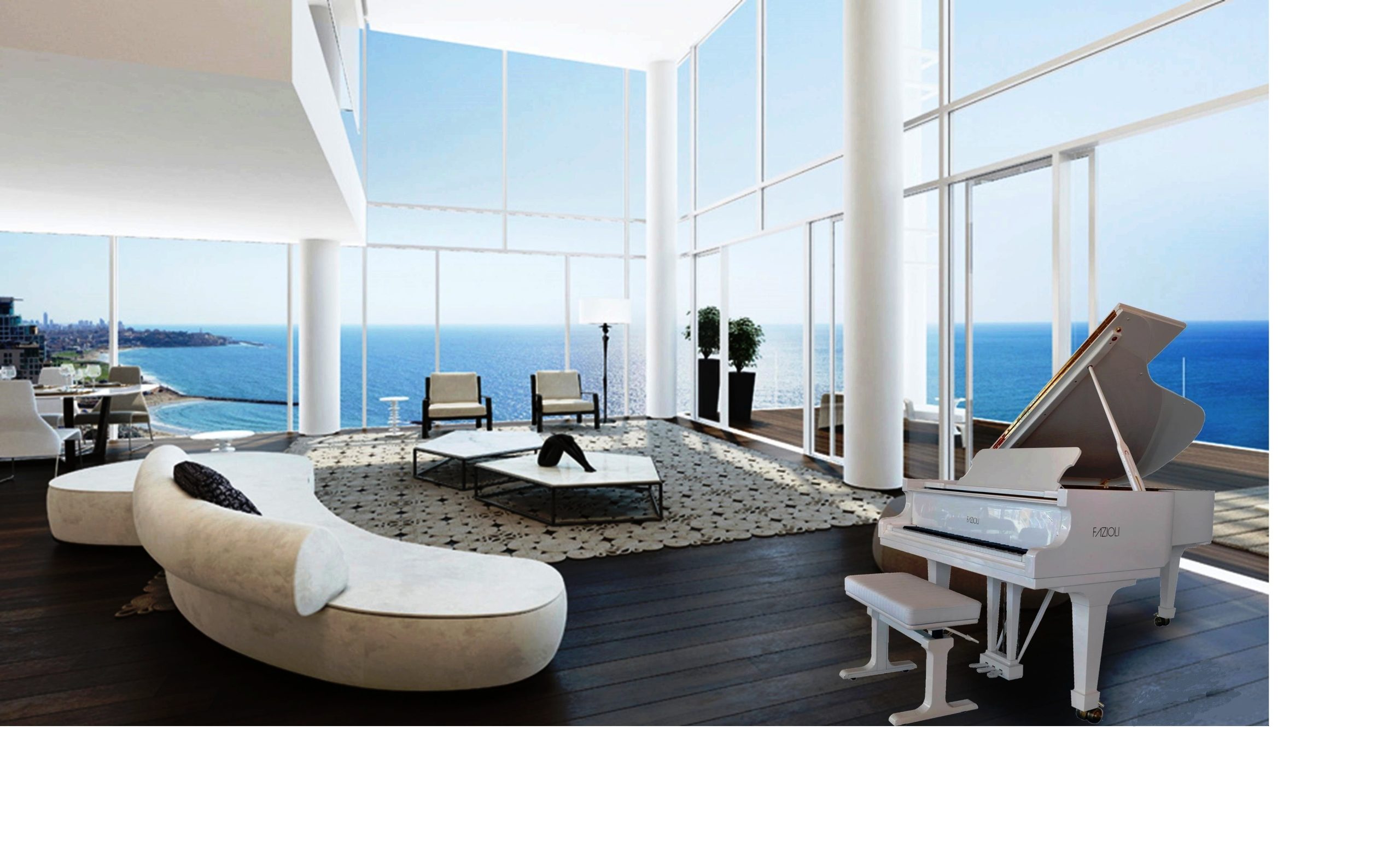 White Fazioli grand piano in a modern seaside living room